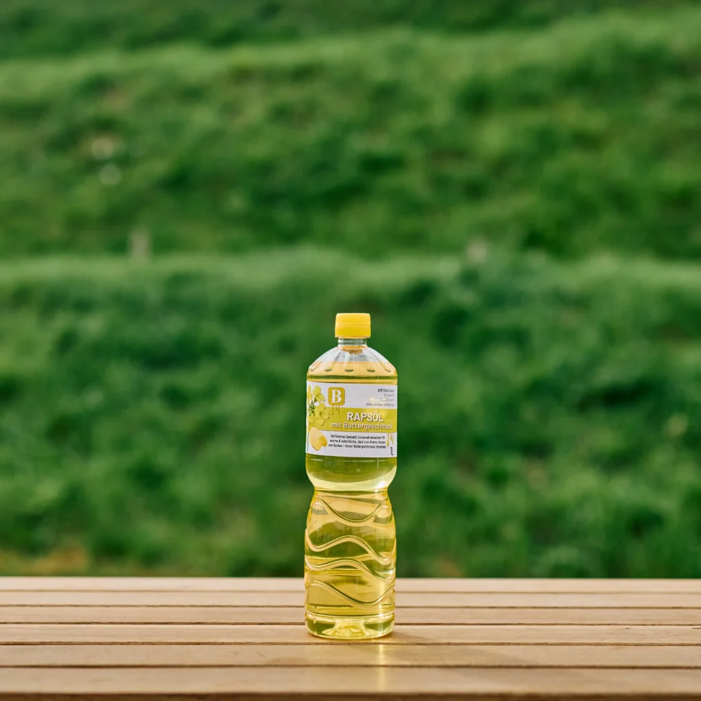 Eine Flasche Berthold Rapsöl mit Buttergeschmack